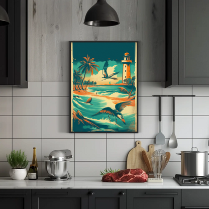 Tropical Coast Lighthouse Ocean Birds Vintage Travel Poster