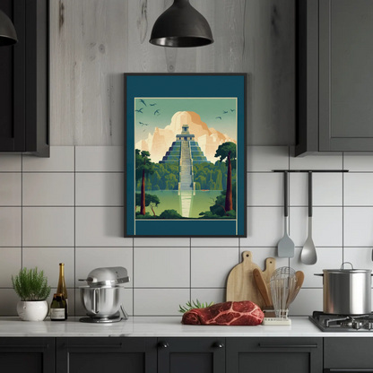 Mayan Pyramid Reflected Jungle Temple Vintage Travel Poster