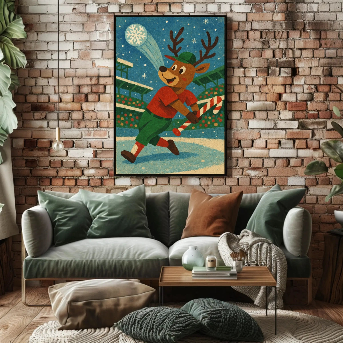 Whimsical Reindeer Baseball Holiday Poster Vintage Style