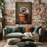 raccoon popping out of a large clay flowerpot Poster