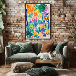The poster depicts a vibrant and colorful landscape, likely representing a lush forest Travel Poster