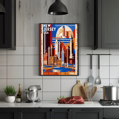 New Jersey USA 1950s Waterfront Skyline Vintage Travel Poster