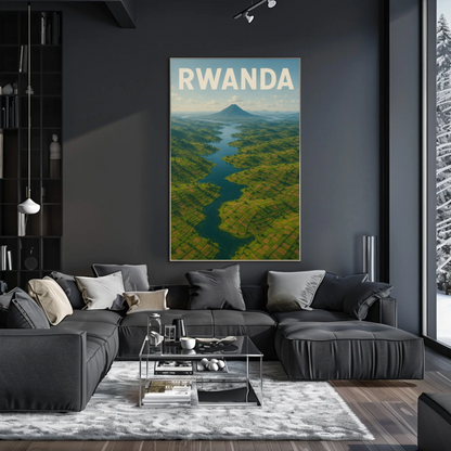 Rwanda Volcano Valley River Aerial Travel Poster