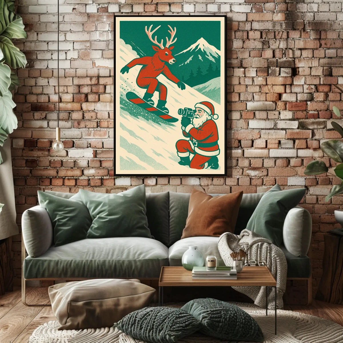 Whimsical Reindeer Snowboarding Vintage Holiday Poster