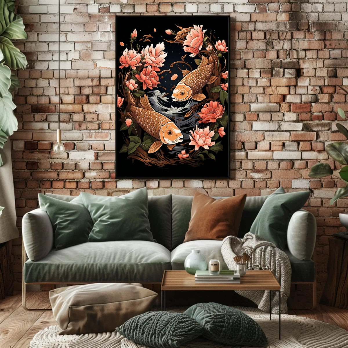 Koi Fish and Peony Japanese Art Poster