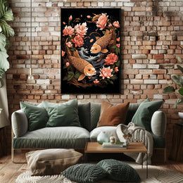 Koi Fish and Peony Japanese Art Poster