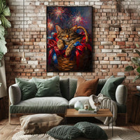 Brown Tabby Cat Curling Up Inside A Woven Basket Poster