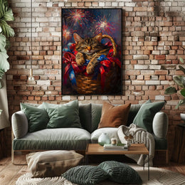 Brown Tabby Cat Curling Up Inside A Woven Basket Poster
