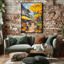 Vibrant Urban Marketplace Scene Impressionistic Art Poster