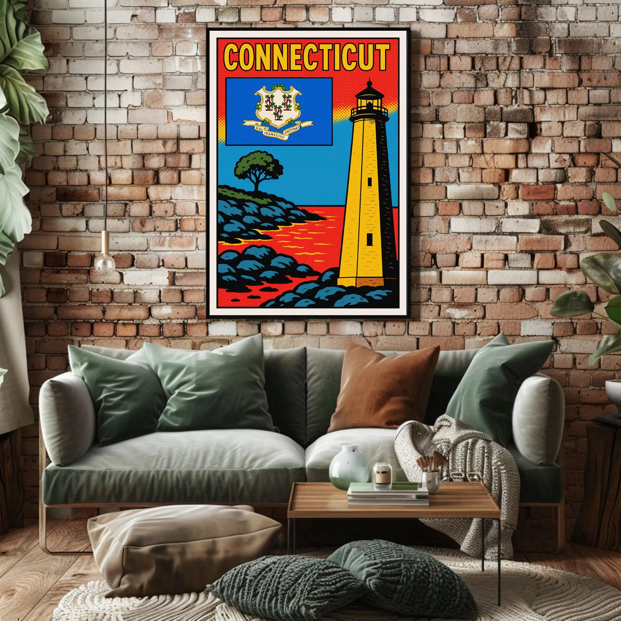 Connecticut Lighthouse and State Emblem Poster PosterGoat