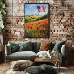 peaceful field of poppies with one large American flag Poster