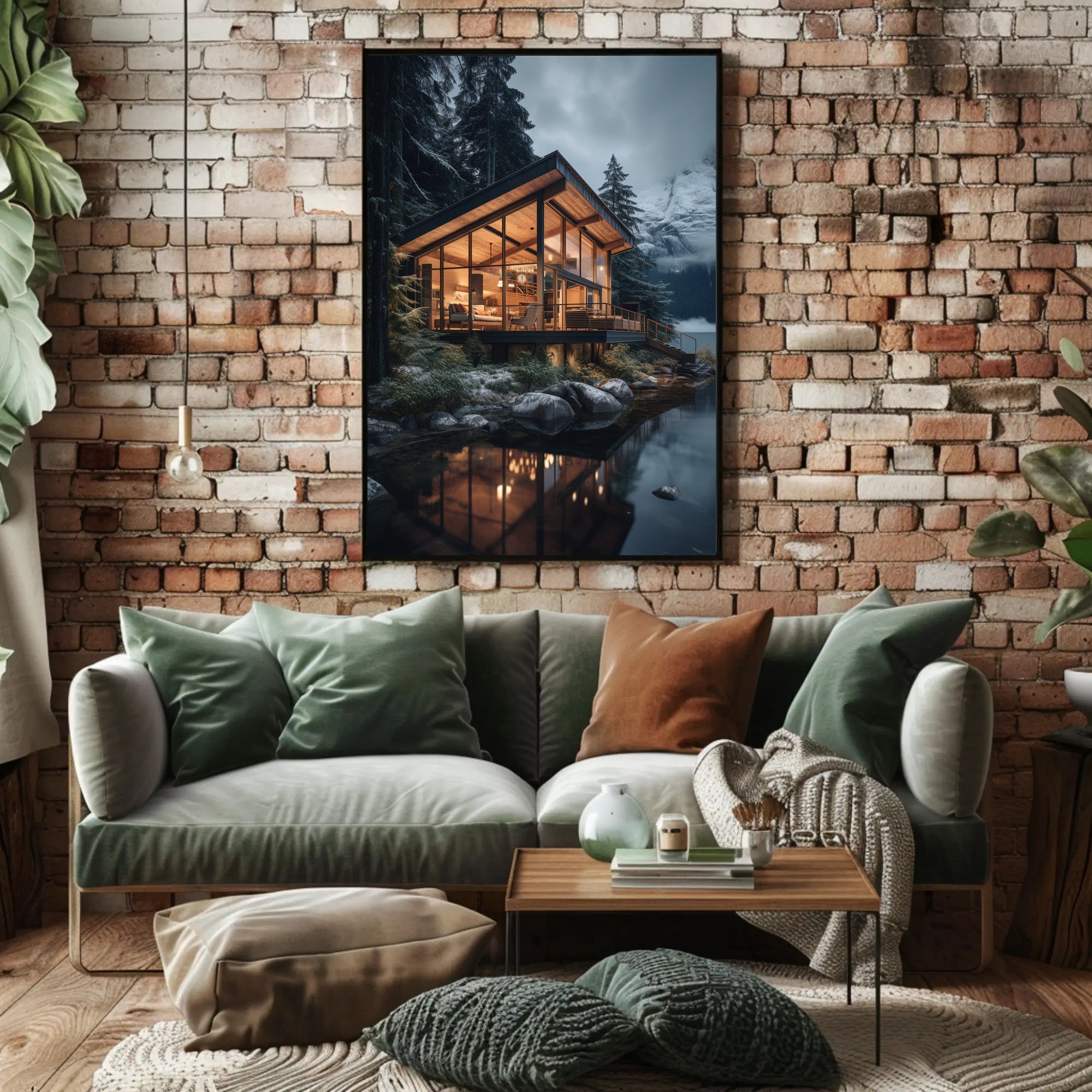 Modern Mountain Retreat in Snowy Forest Poster