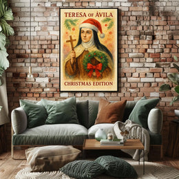 Festive Nun Artistic Poster with Christmas and Religious Elements