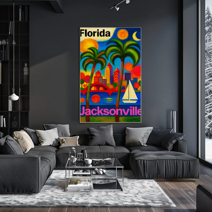 Jacksonville Florida Vibrant Skyline With Sailboat Travel Poster
