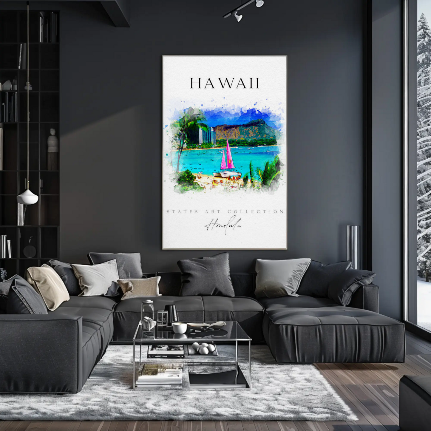 Hawaii Honolulu Sailboat Watercolor Skyline Poster