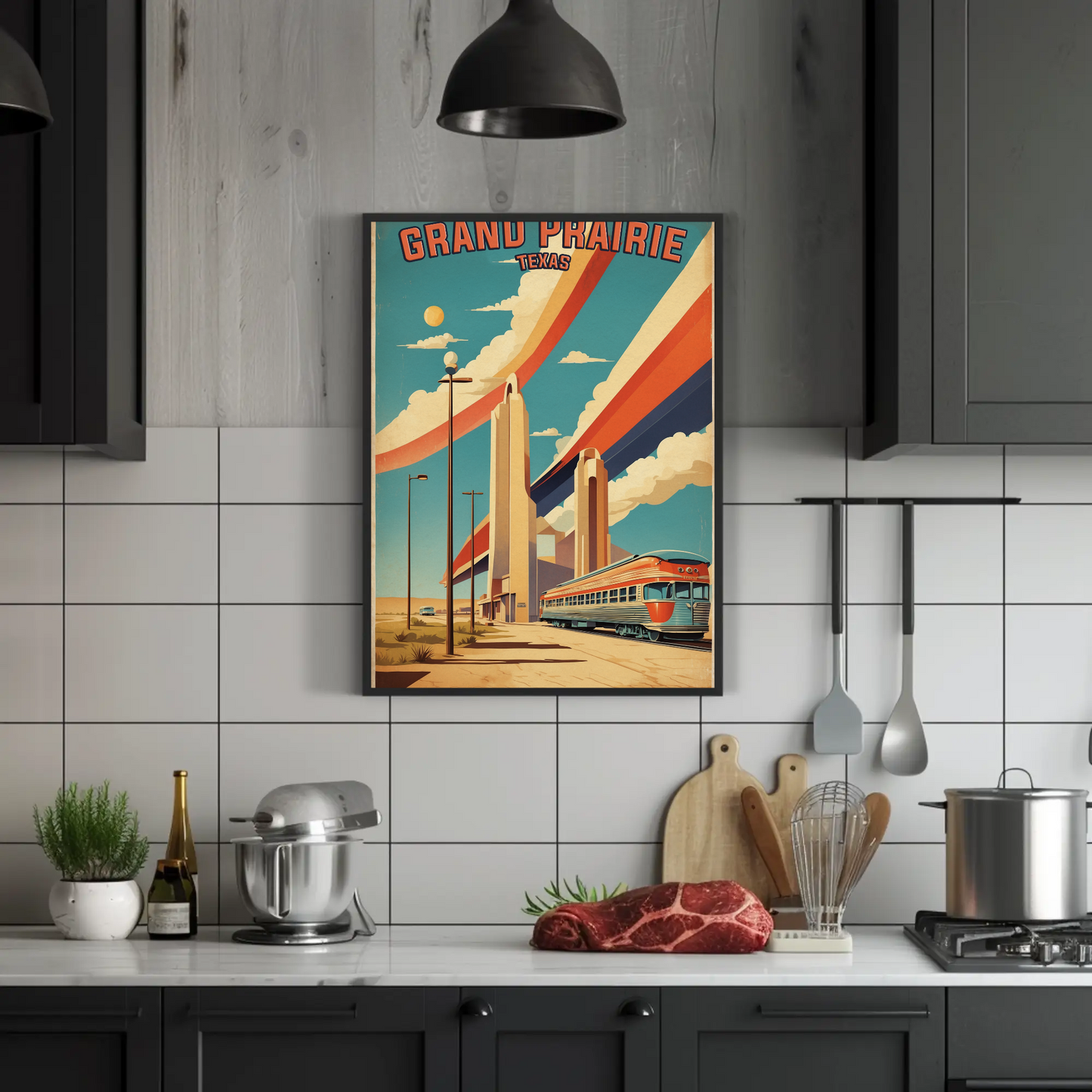 Grand Prairie Texas Train Towers Streamline Vintage Travel Poster