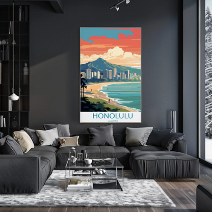 Honolulu Hawaii Sunset Skyline Modern Minimal Travel Poster