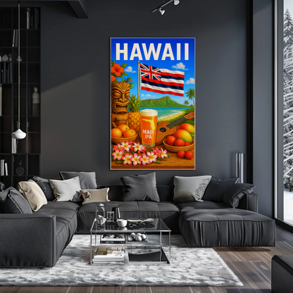 Hawaii Flag Fruits Tiki Beer Music Travel Poster
