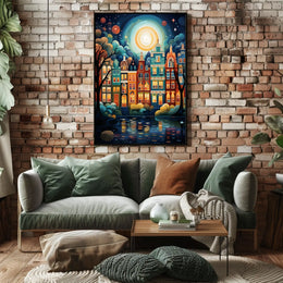 Vibrant European Cityscape at Night Travel Poster