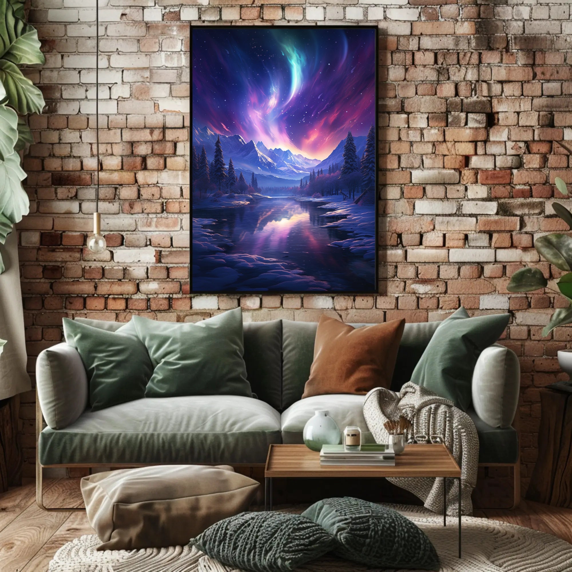 Aurora Over Alpine River: Abstract, Artistic, or Pop Culture Poster