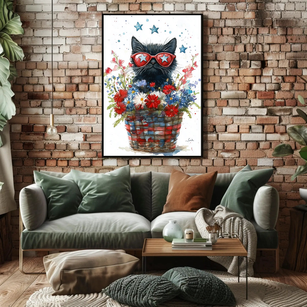 Black Cat With Star Sunglasses In Floral Basket Poster