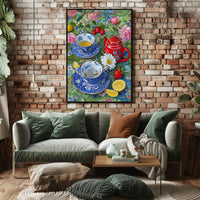 Vibrant Floral Tea Scene Poster with Artistic Poster PosterGoat