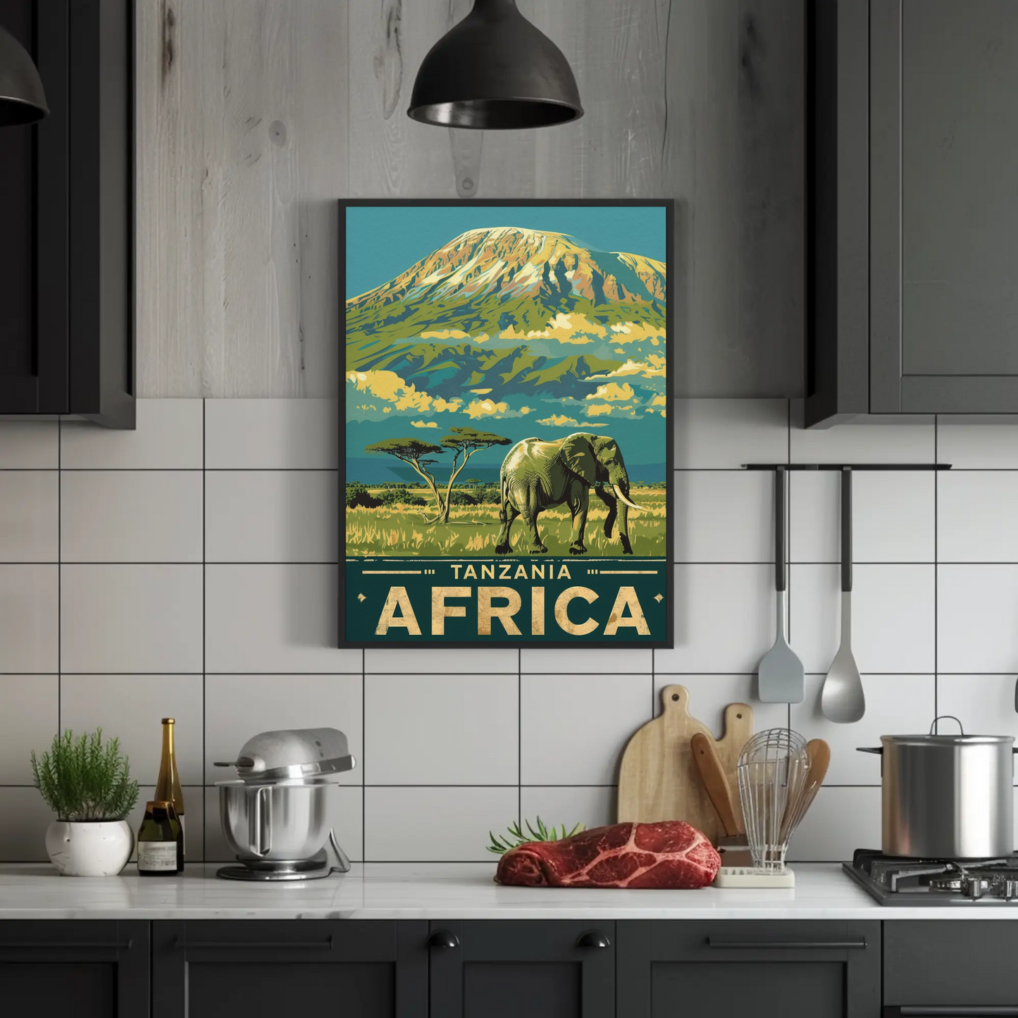 Tanzania Africa Elephant Kilimanjaro Safari Vintage Travel Poster