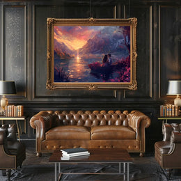 Romantic Sunset Lake Scene: Love in Bloom Poster