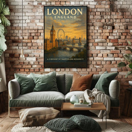 London Landmarks Vintage Poster: Big Ben, Eye, Bridge
