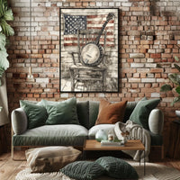 Vintage Banjo On Rustic Chair With American Flag Poster