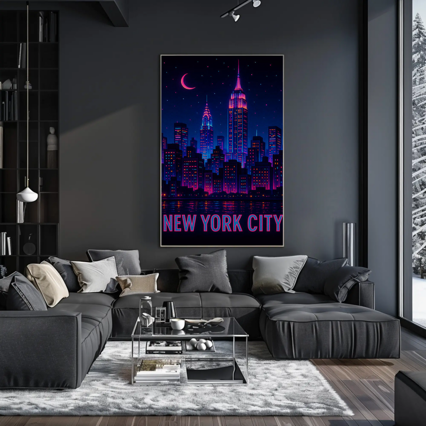 New York Neon Skyline Empire State Night Stars Travel Poster