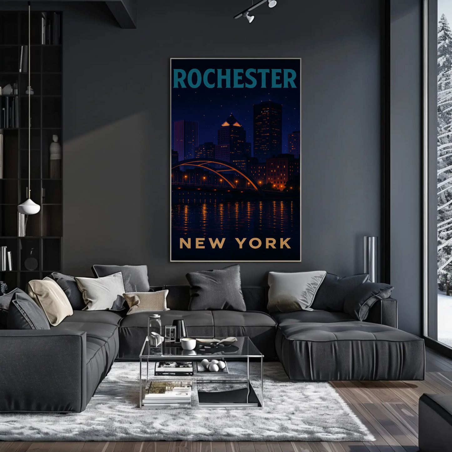 Rochester New York Night Skyline River Lights Travel Poster Travel Poster