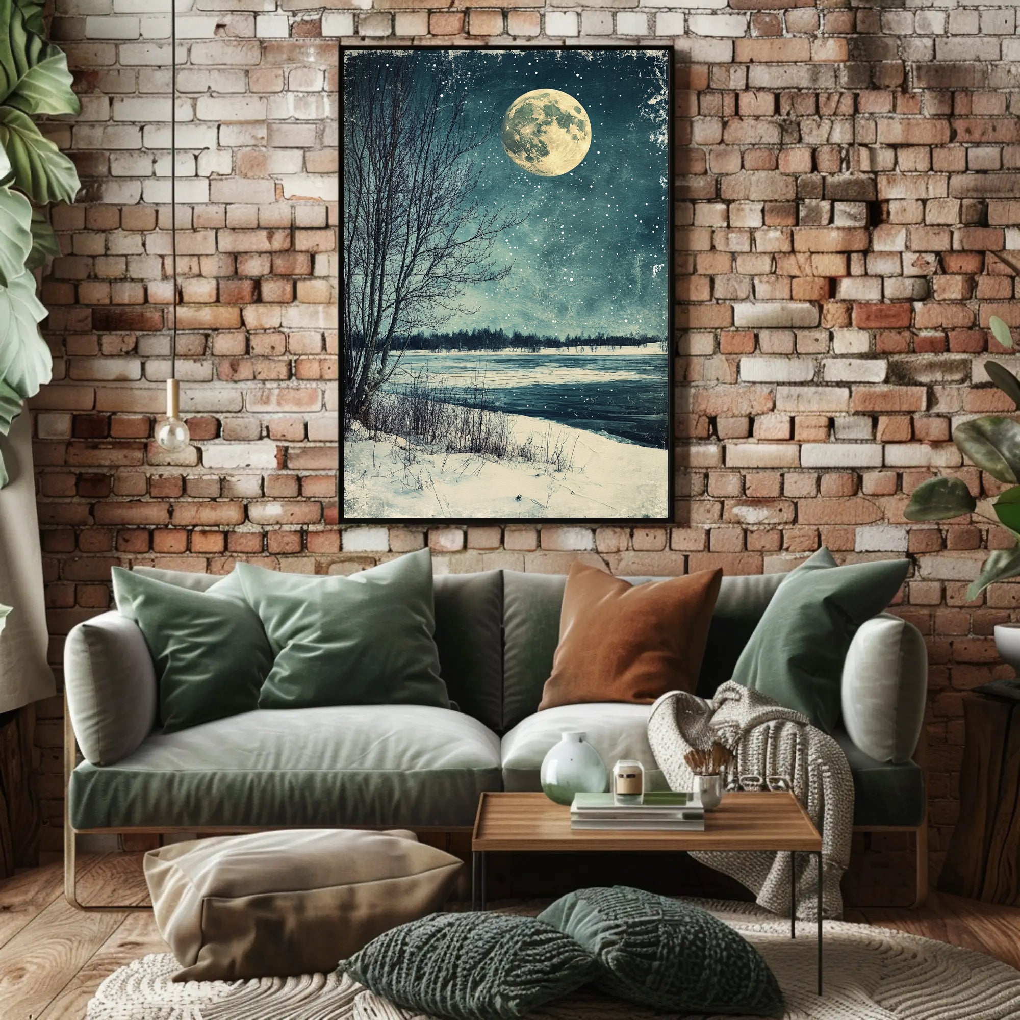 Serene Winter Moonlight Landscape Vintage Art Poster