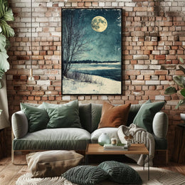 Serene Winter Moonlight Landscape Vintage Art Poster