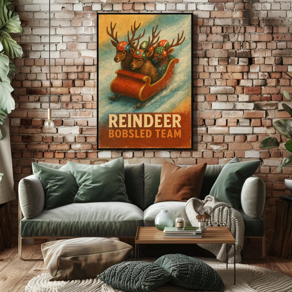 Whimsical Reindeer Bobsled Team Festive Sports Poster
