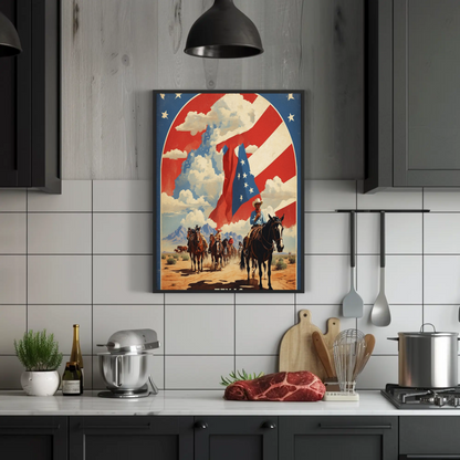 Texas Cowboys Horses Flag Desert Vintage Travel Poster