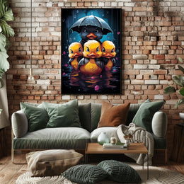 Ducklings in Rainstorm: Whimsical Family Art Poster