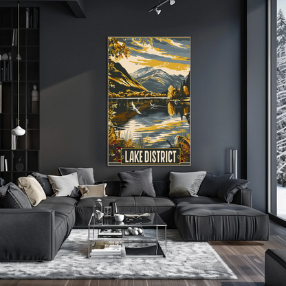 Lake District Golden Mountains Waterfowl Scene Travel Poster