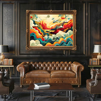 The poster features a vibrant and dynamic abstract illustration depicting an airplane soaring Travel Poster