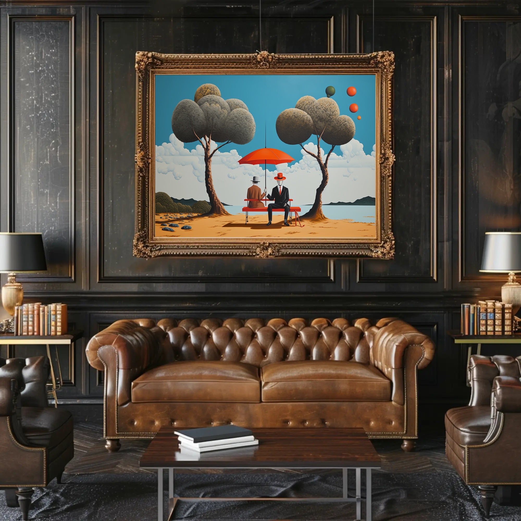 Whimsical Outdoor Scene with Suited Figures - Artistic Poster