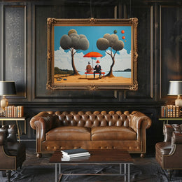 Whimsical Outdoor Scene with Suited Figures - Artistic Poster