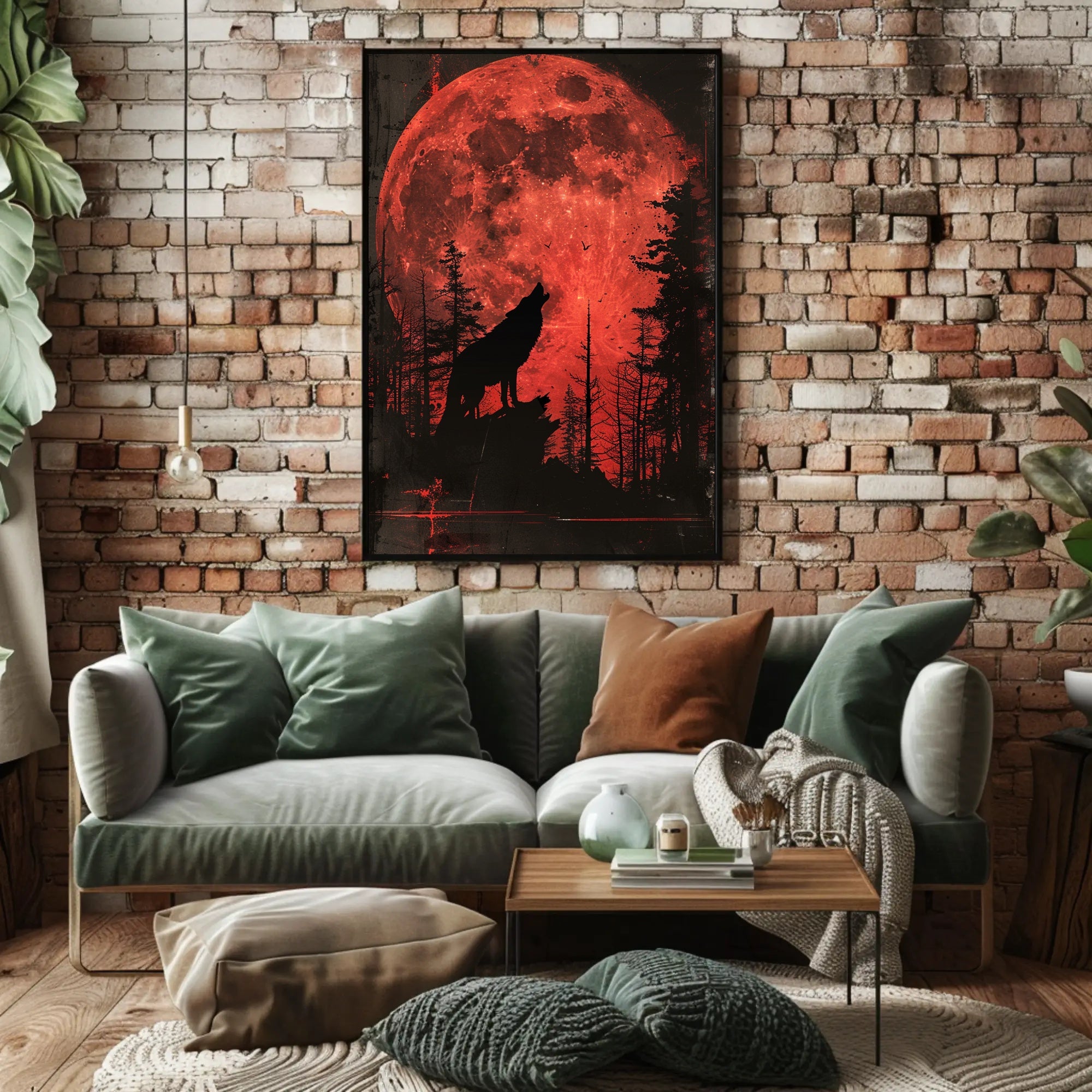 Wolf Howling Under Red Moon Fantasy Poster PosterGoat
