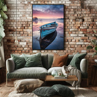 Solitary Wooden Boat on Serene Lake - Artistic Poster