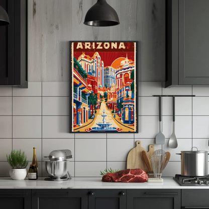 Arizona Bold Hillside Downtown Retro Travel Poster USA