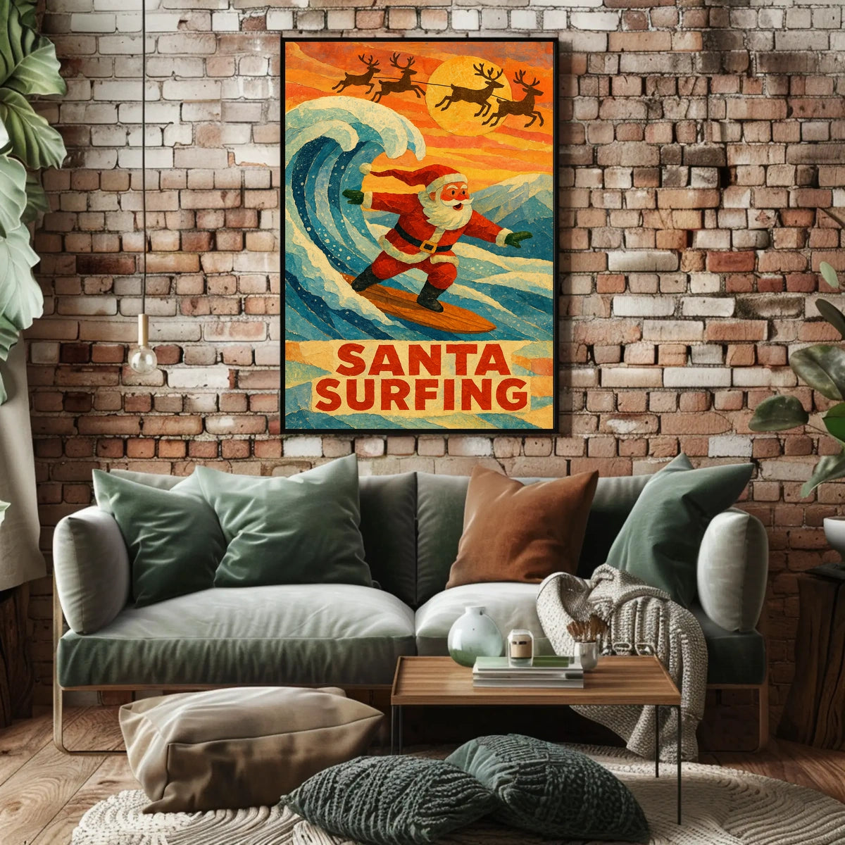 Santa Surfing Vintage Holiday Beach Art Poster