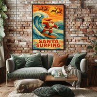 Santa Surfing Vintage Holiday Beach Art Poster