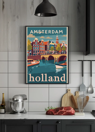 Amsterdam Holland Autumn Canal Houses Vintage Travel Poster