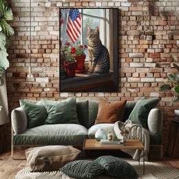 tabby cat sitting in a windowsill Poster