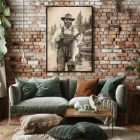 Vintage Fisherman Proudly Holds Large Bass Fishing Poster