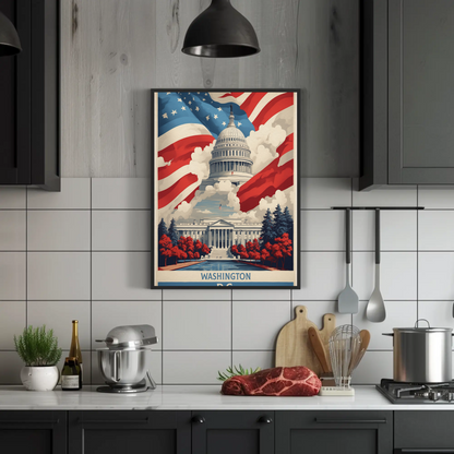 Washington D.C. Capitol American Flag Clouds Vintage Travel Poster